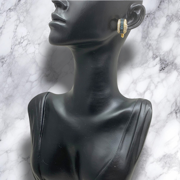 Vintage Monet Art Deco Nouveau Earrings Clear Blue Crystal Demi Hoops Leverback - Picture 6 of 7